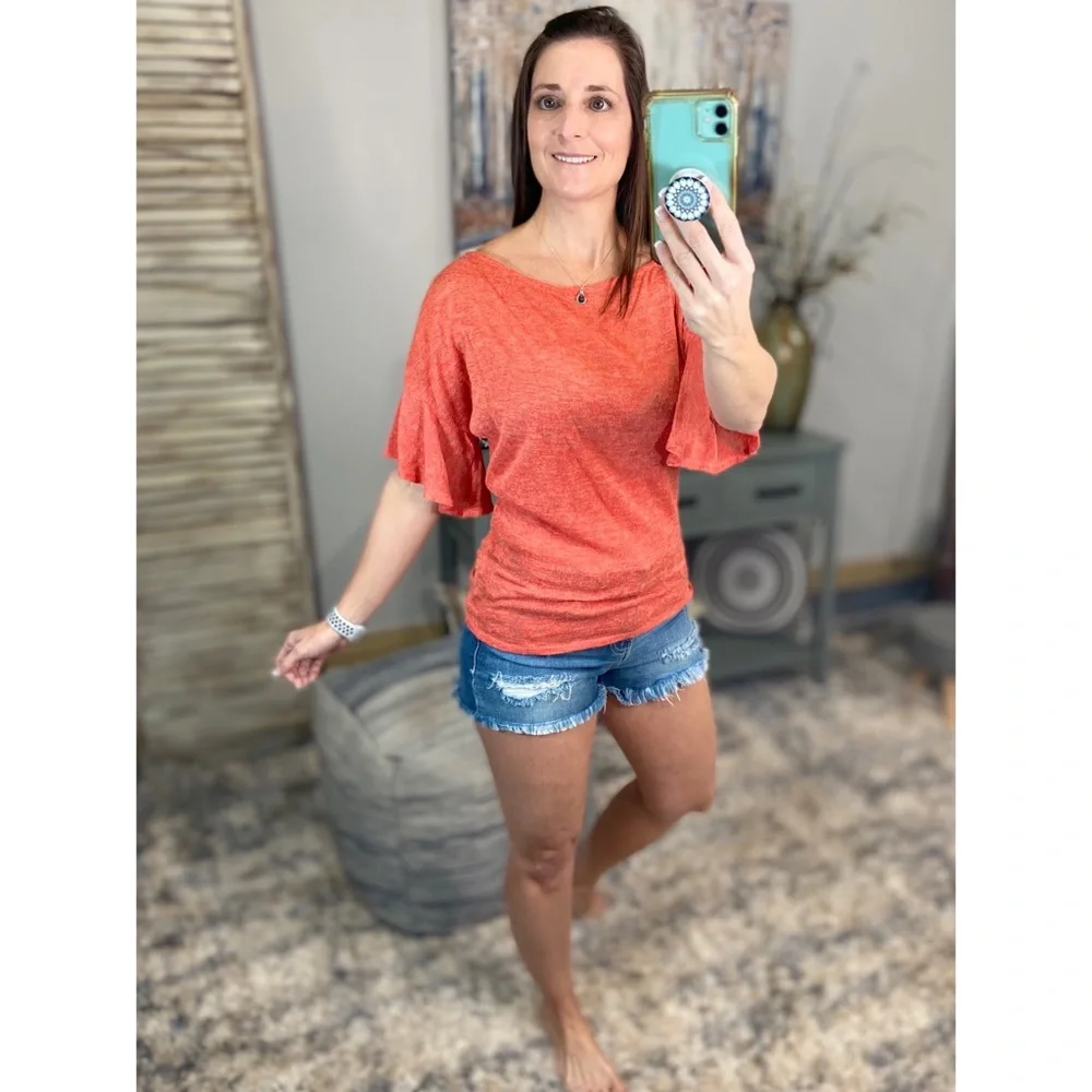❤️‍🔥Boat Neck Short Ruffle Bell Dolman Sleeve Top Coral 0922 - Picture 13 of 14